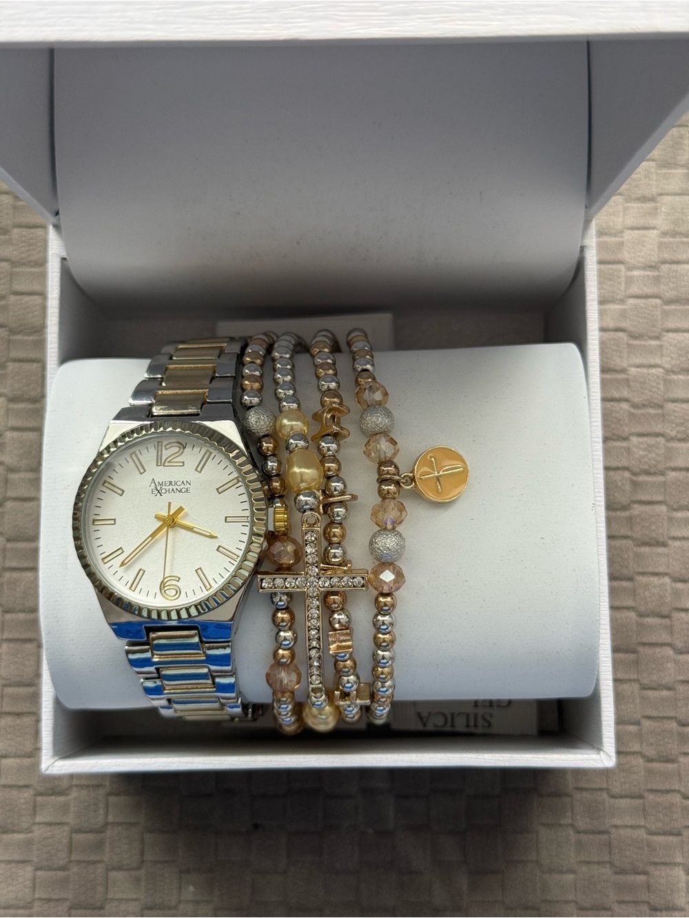 American Exchange Two-Tone Silver and Gold Watch with Beaded Cross Bracelet Set